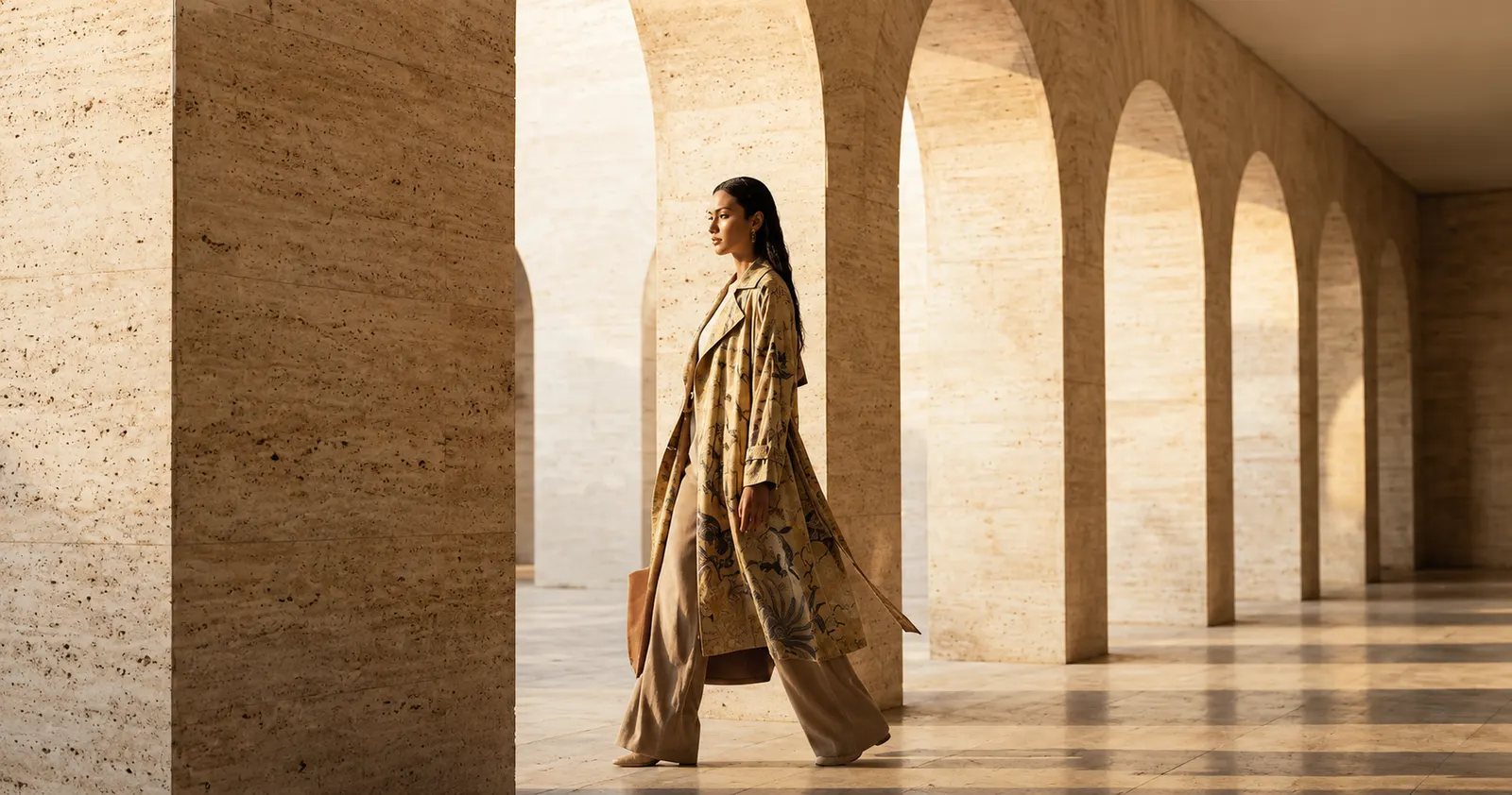 Dannique archival draping collection in a classical travertine colonnade